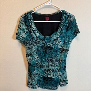 212 Collection Teal Print Cowl Neck Top Womens Medium Blouse